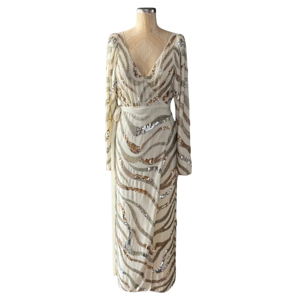 ASOS White, Gold, Silver Long Sleeve Sequin Zebra Print Wrap Midi Dress Size 6